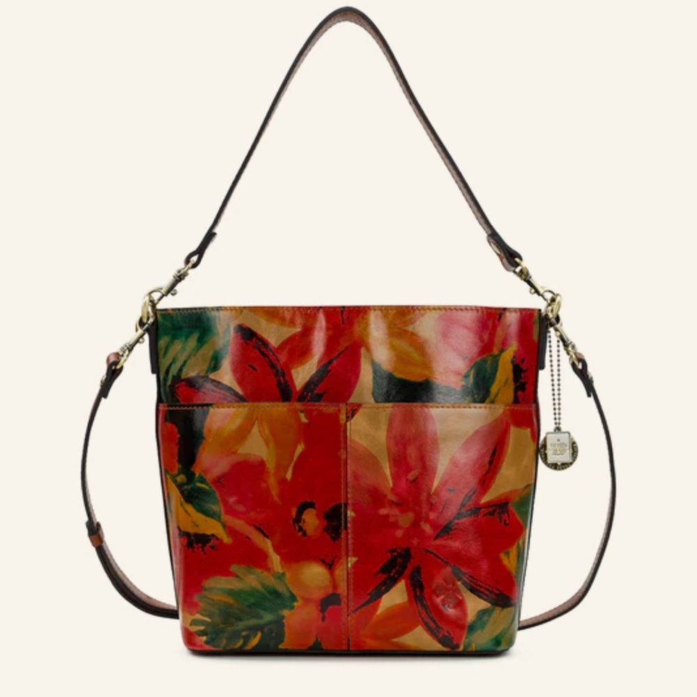 Patricia Nash Red and Green Crossbody Bag with Floral Print and Adjustable Strap